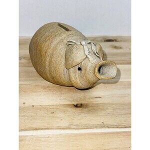 Vintage Rustic Stonewear Piggy Bank Bow On Head Signed 6”